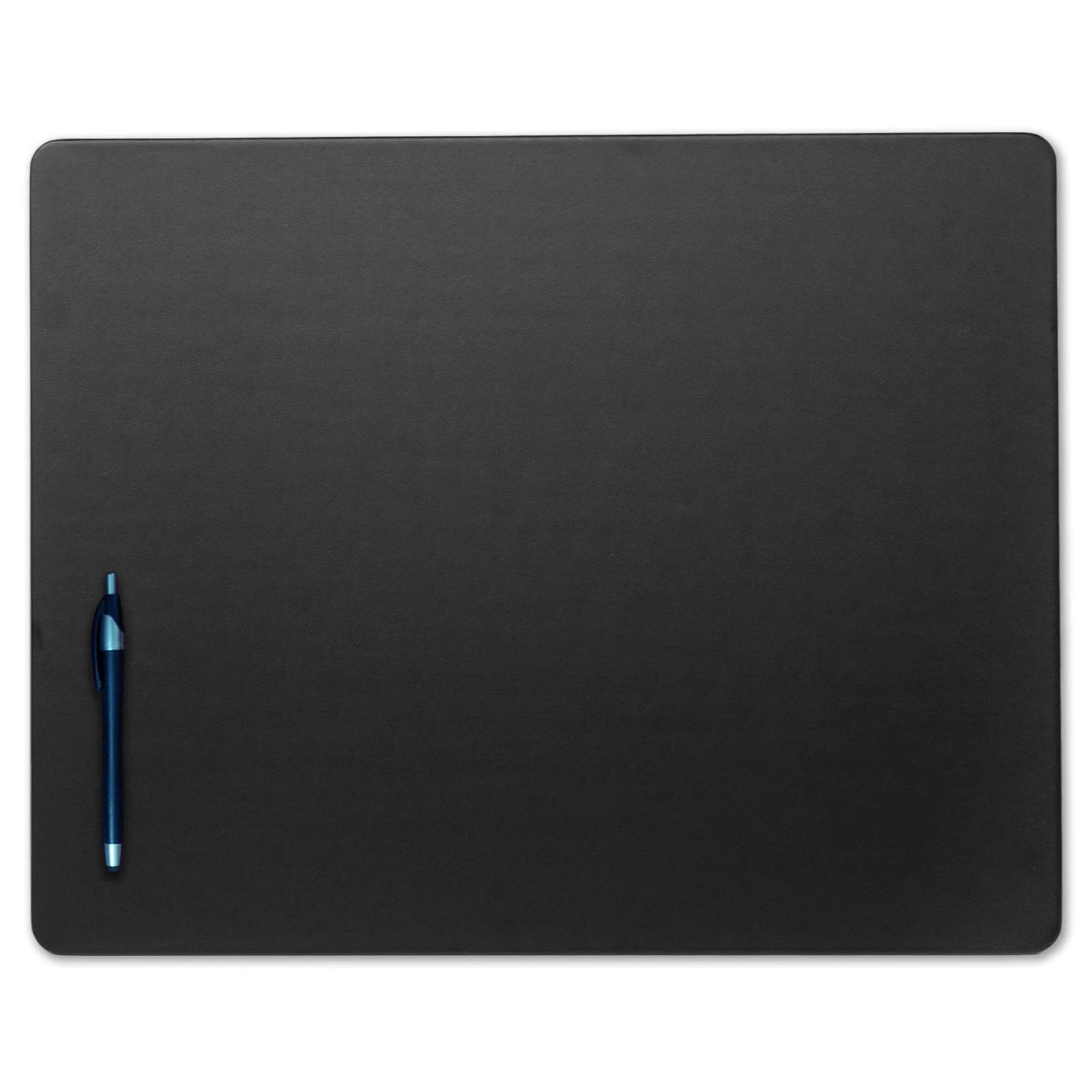 Black leatherette conference table pad with rounded corners and blue pen on surface