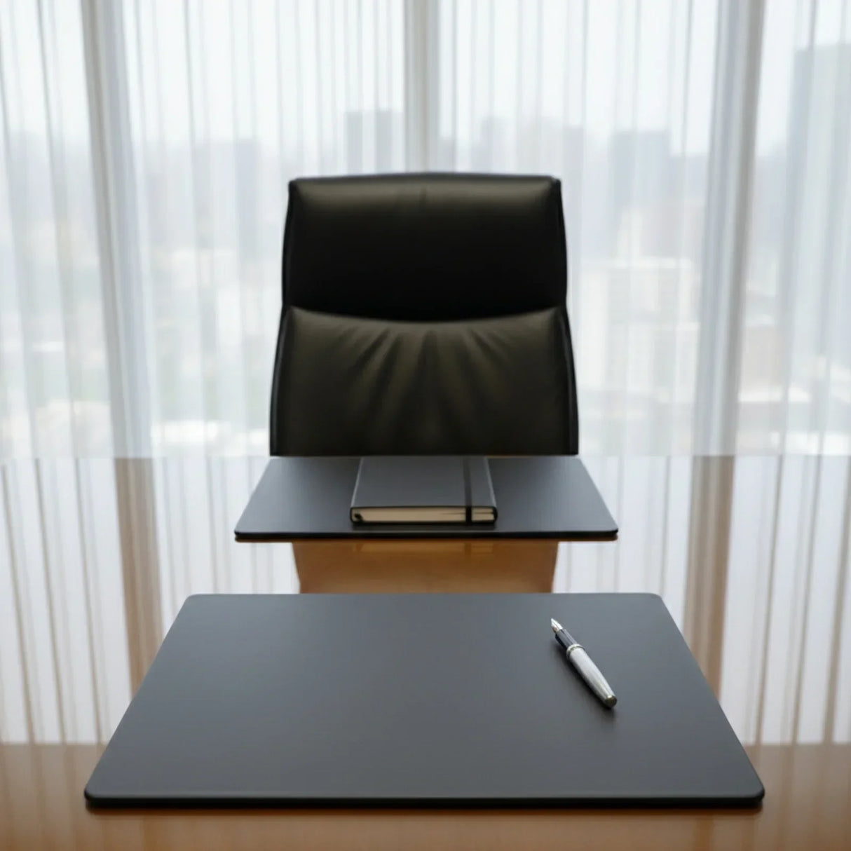 Black leatherette 20 x 16 conference table pad on office desk with pen and notebook