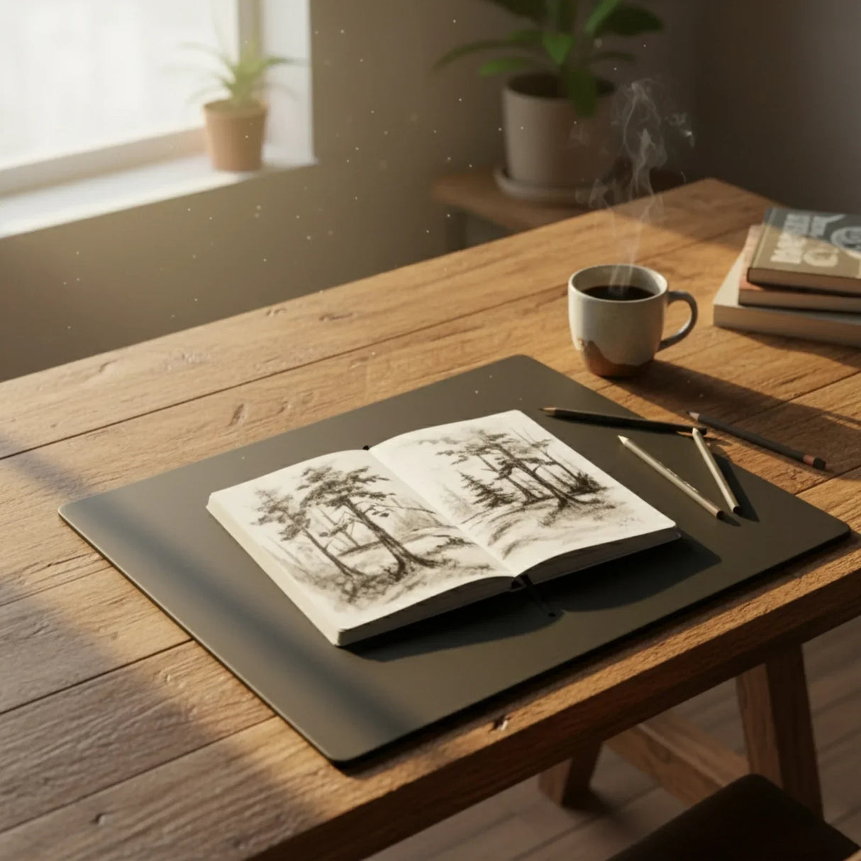 Black leatherette 20 x 16 conference table pad on wood table with sketchbook, pencils, and coffee