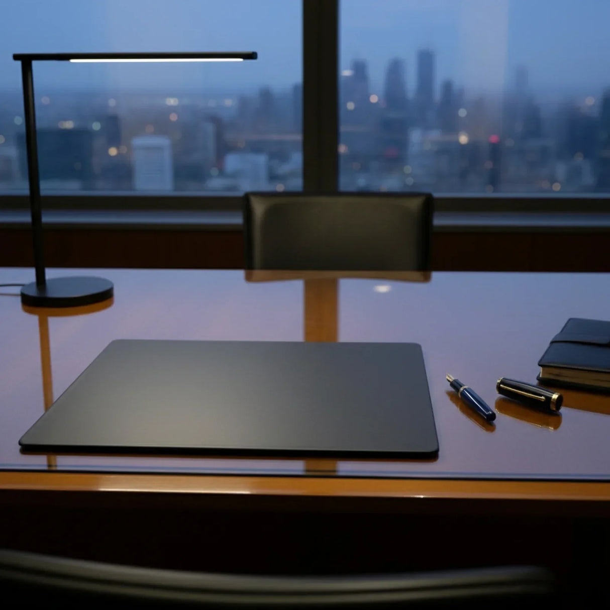 Black leatherette desk pad on conference table with lamp, pen, and notebook
