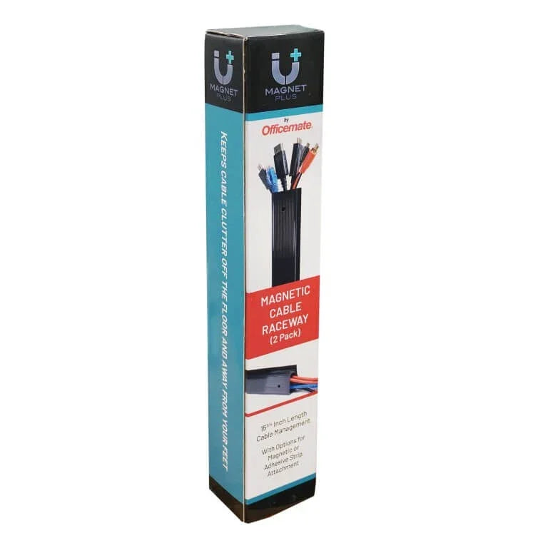 Officemate Magnetic Cable Raceway 2-pack packaging showing a black cable management strip