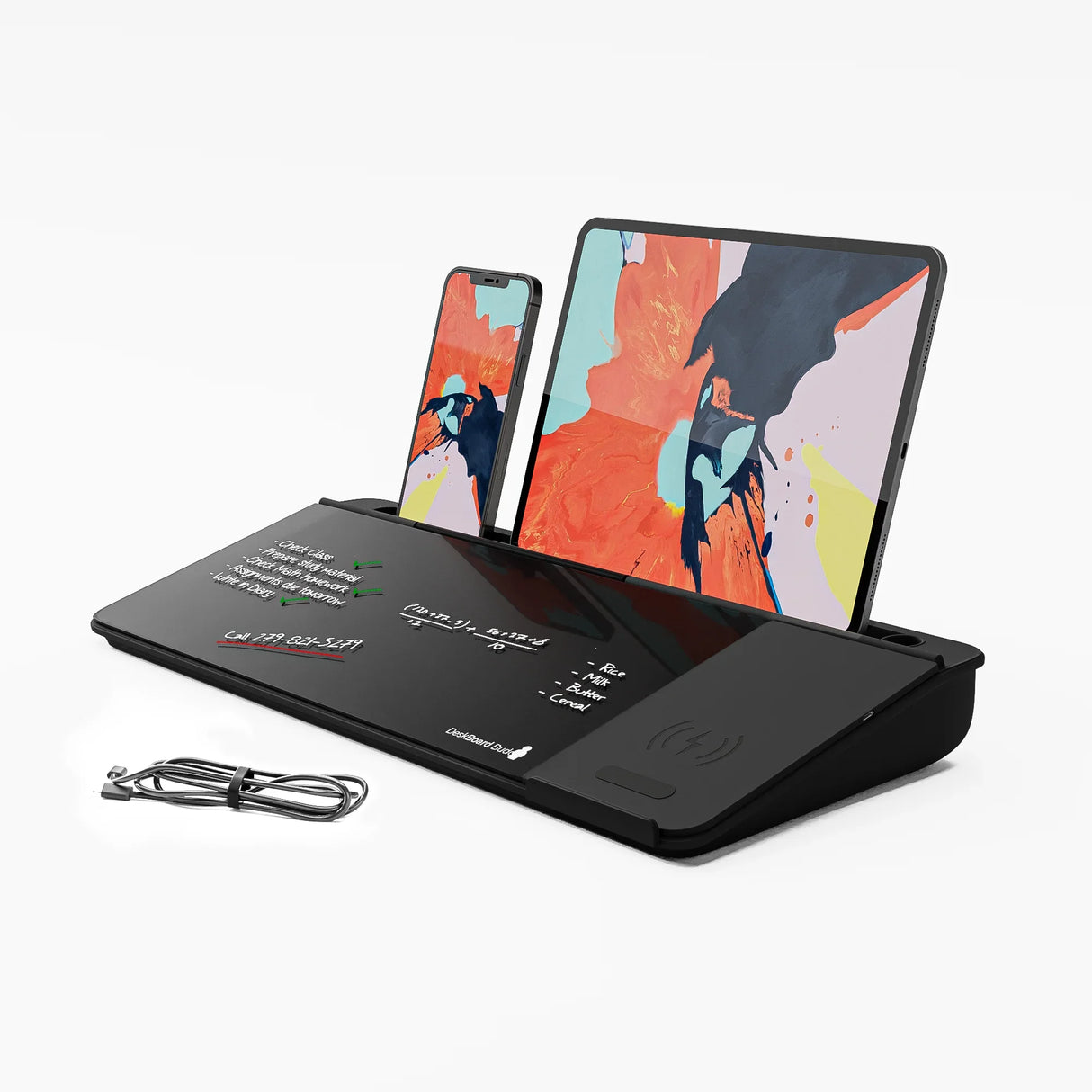Black desk organizer with phone and tablet stand, wireless charging pad, dry-erase notes area, and charging cable.