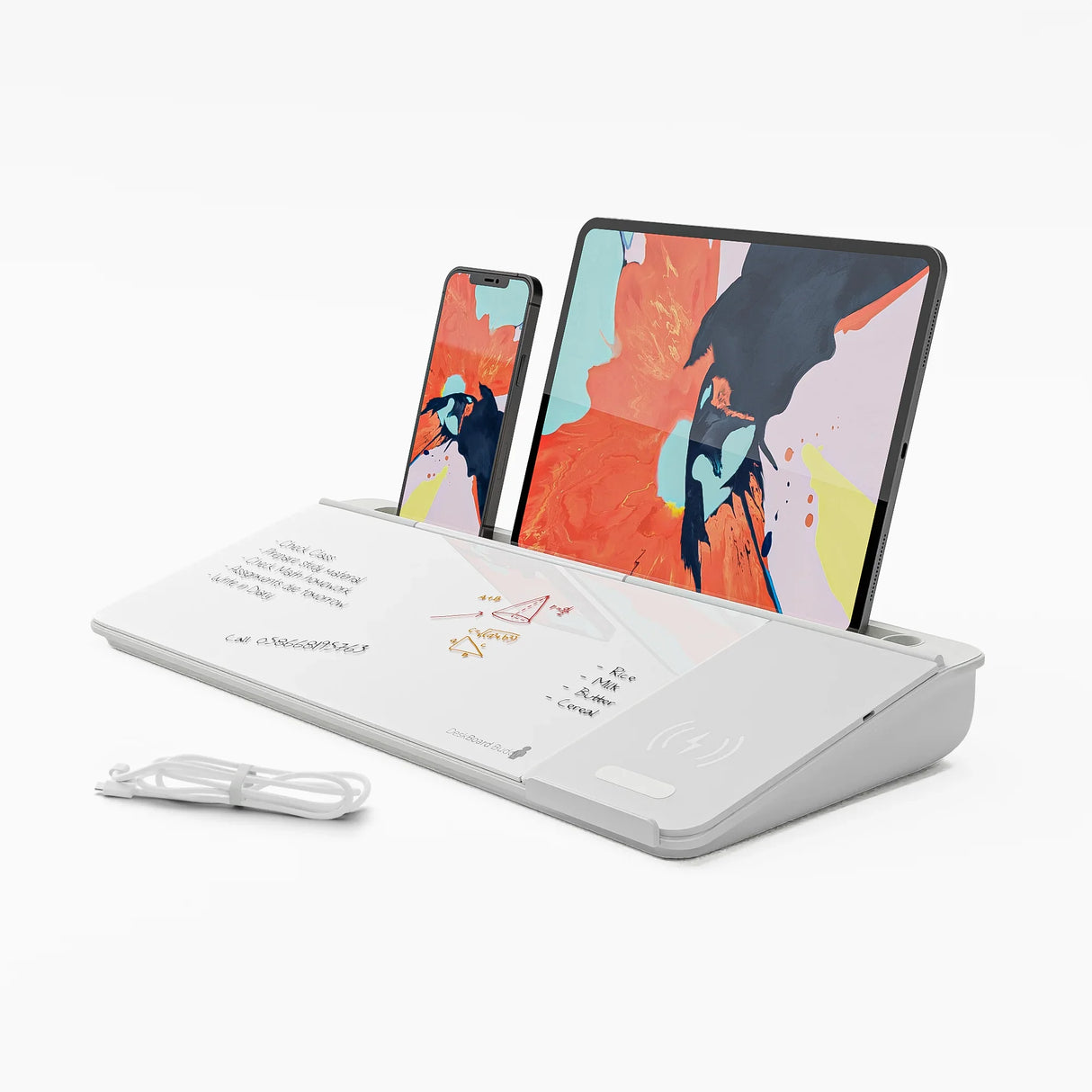 White desktop organizer with clear dry erase board, phone and tablet slots, and charging cable