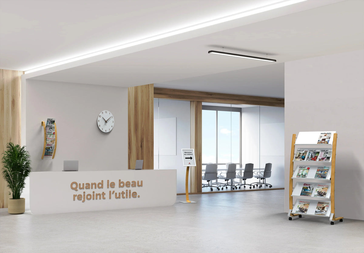 Alba wooden wall and floor brochure display units in a modern office reception area.