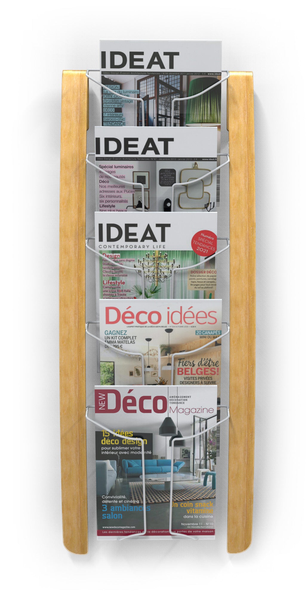 Alba designer wooden wall brochure display unit with five compartments holding magazines.