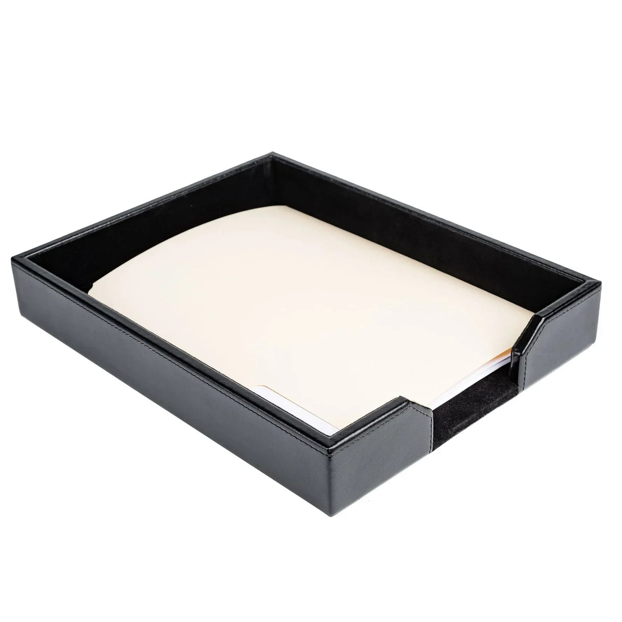 Black leather letter tray with documents, office desk organizer on white background