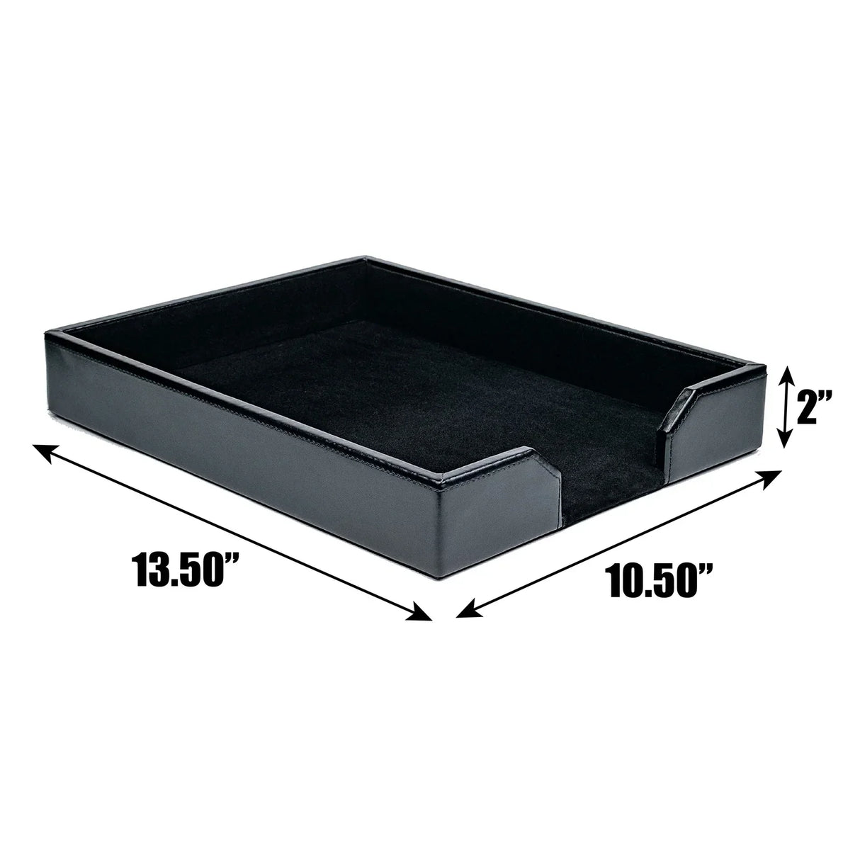 Black bonded leather letter tray with open front and dimensions 13.5 x 10.5 x 2 inches