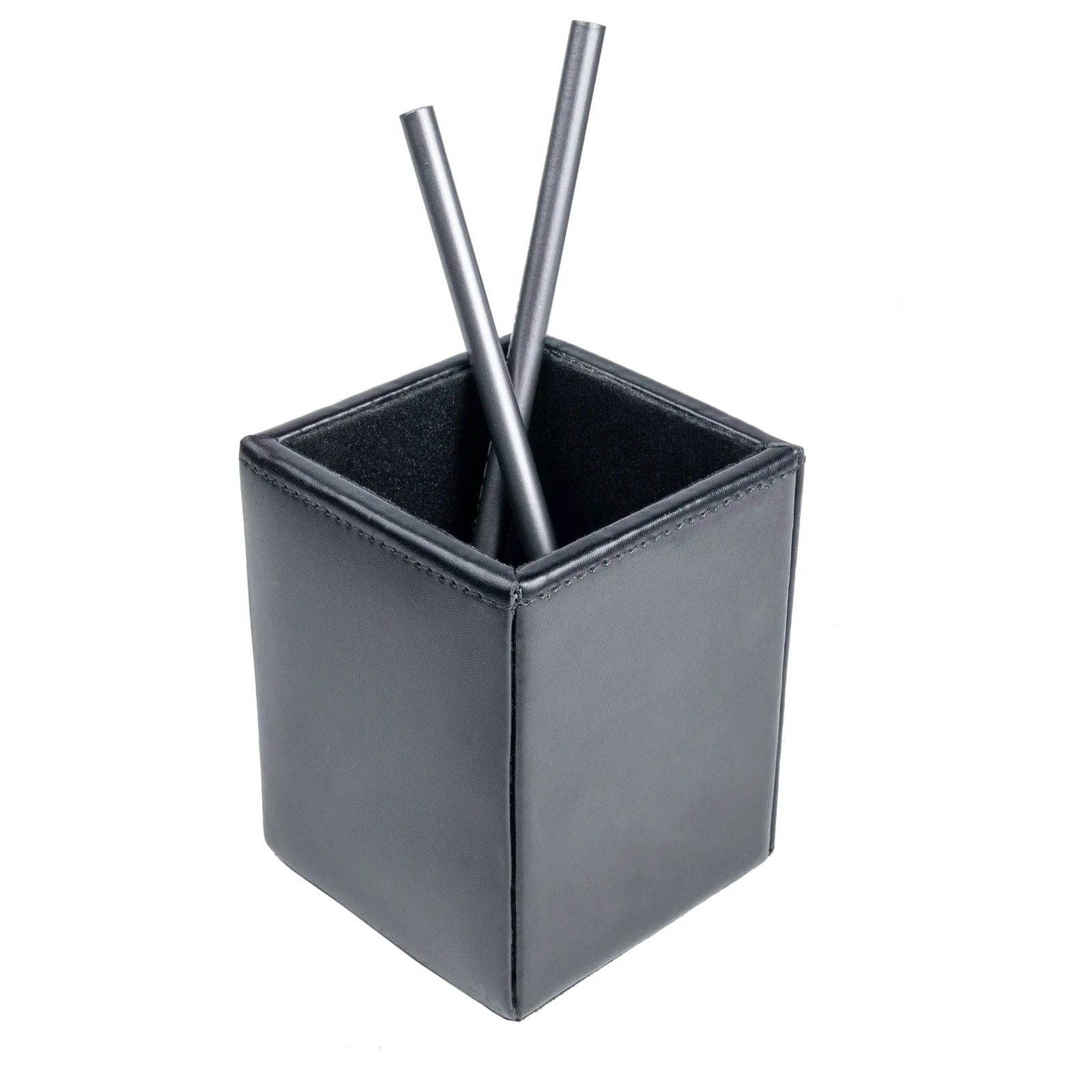 Black leather pencil cup organizer with two black pencils on a white background