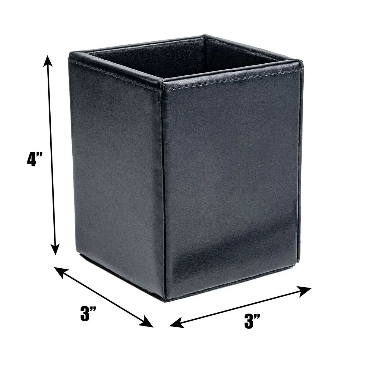 Black bonded leather pencil cup, 4 inches tall by 3 inches wide, with stitched edges.