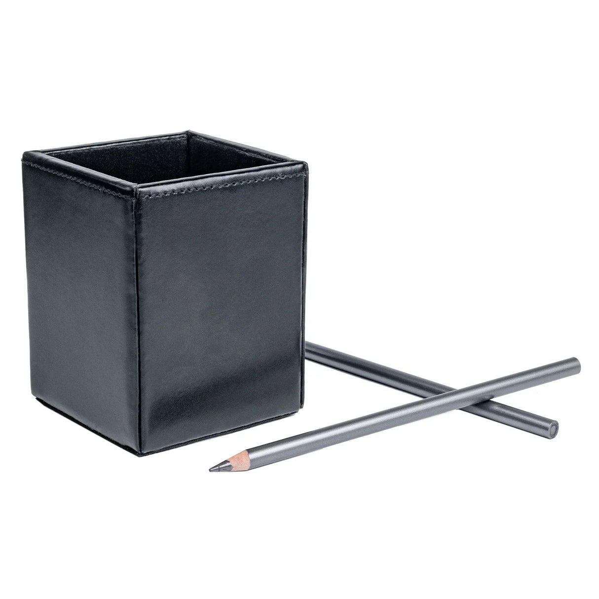 Black leather pencil cup holder with two gray pencils on white background