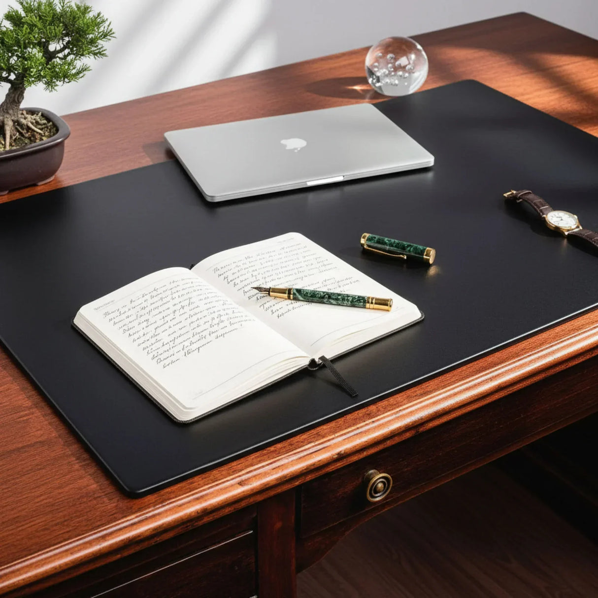 Black leather desk mat on wooden desk with laptop, notebook, pen, watch, and plant
