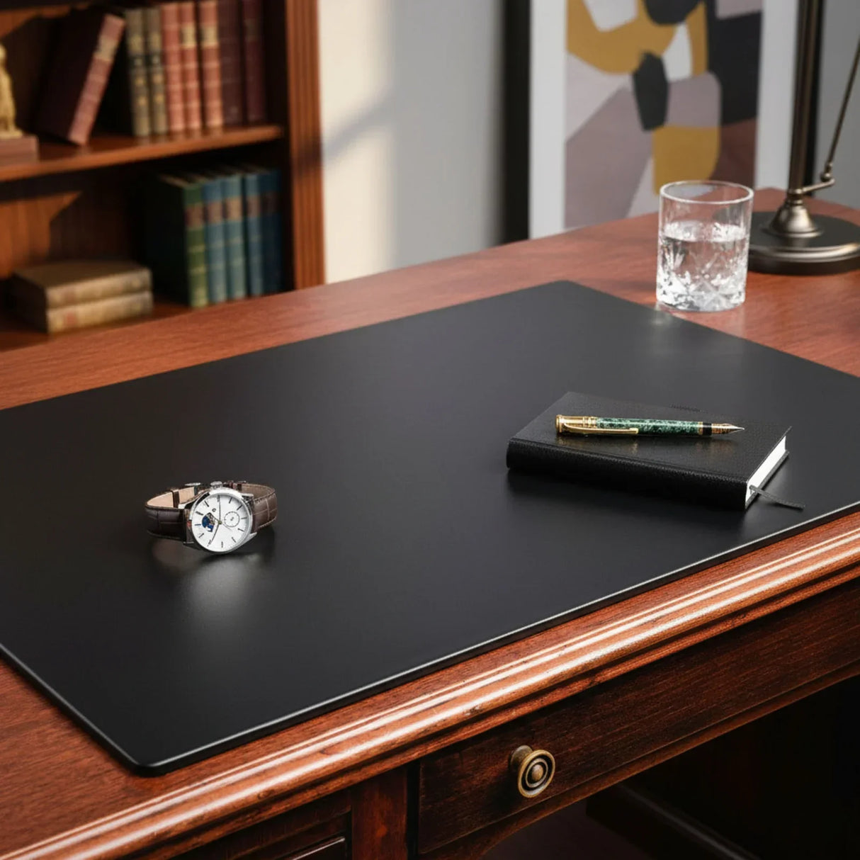 Black leather desk mat on wooden desk with notebook, pen, watch, and glass of water