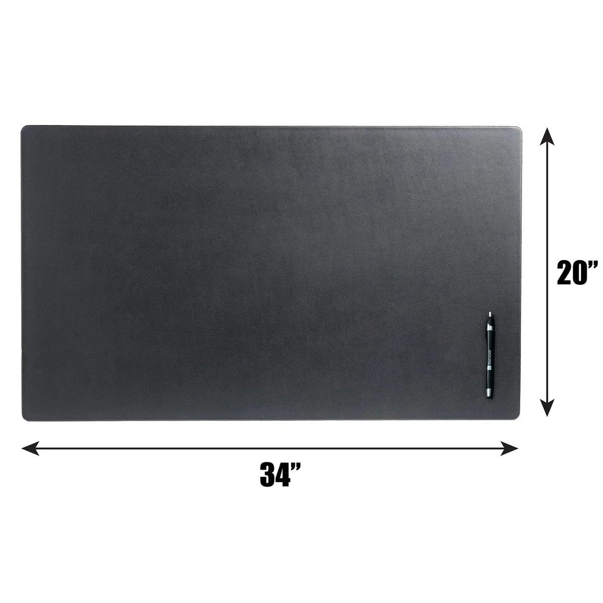 Black leather desk mat 34 x 20 inches with pen, ideal for office workspace organization.