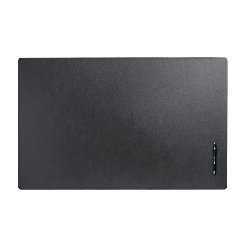 Black leather desk mat with smooth surface and pen on top, ideal for office workspace
