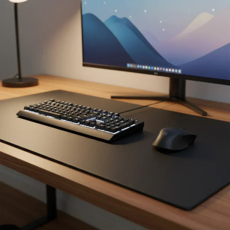 Black leather desk mat on wooden desk with keyboard, mouse, and monitor in modern workspace