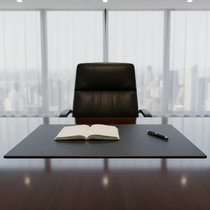 Black leather desk mat on office desk with open notebook and pen, modern workspace view