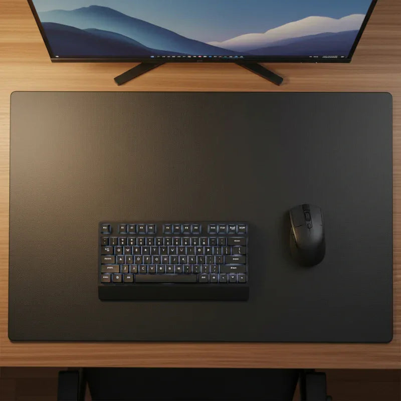 Black leather desk mat on wood desk with monitor, keyboard, and mouse, office workspace setup