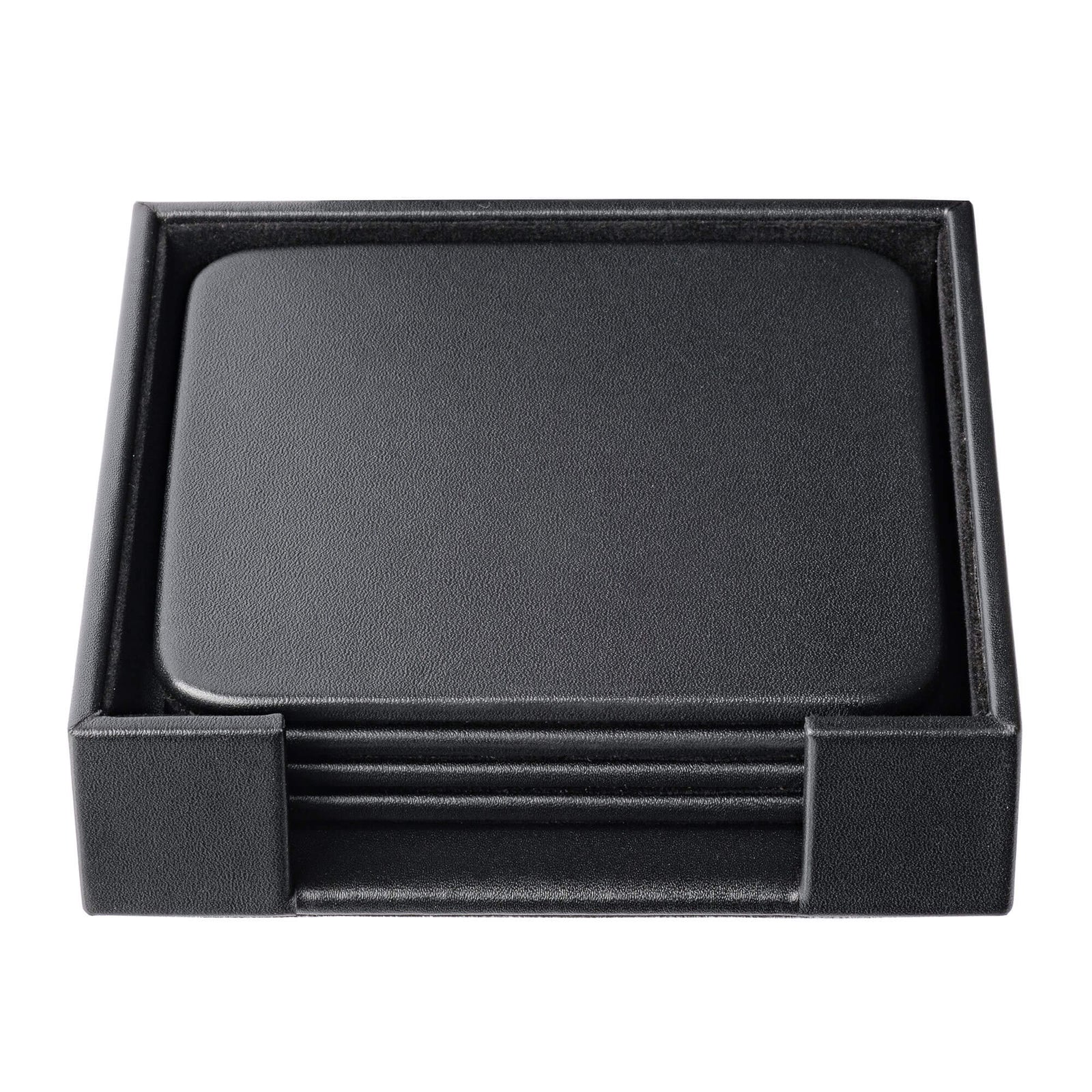 Black leather square coaster set with holder, ideal for office or home desk organization