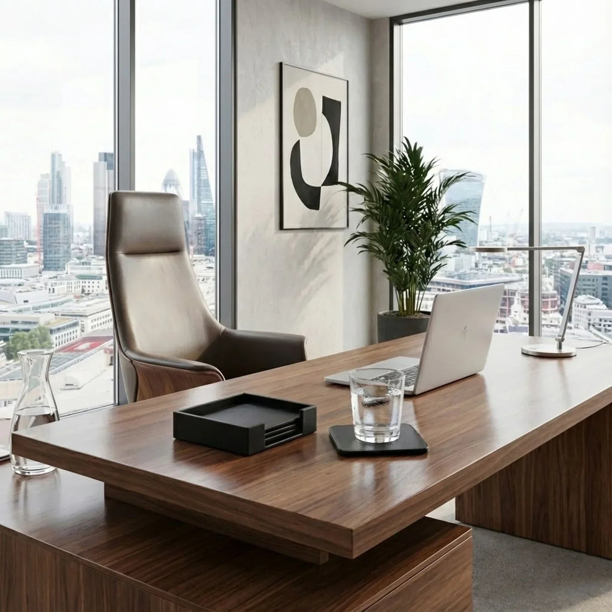 Black leather square coaster set with holder on modern office desk