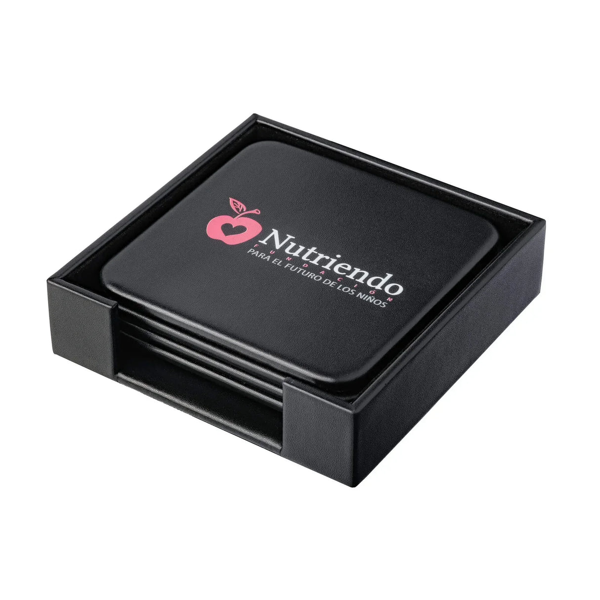 Black leather square coaster set in holder with pink logo and Spanish text on top coaster
