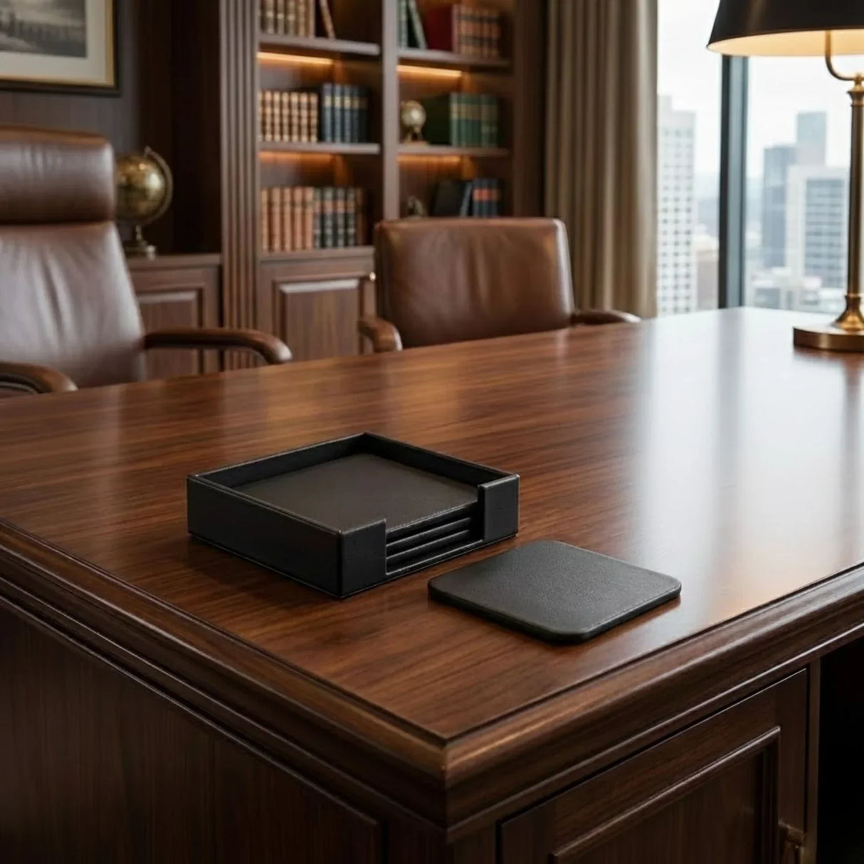 Black leather square coaster set with holder on executive office desk, classic decor