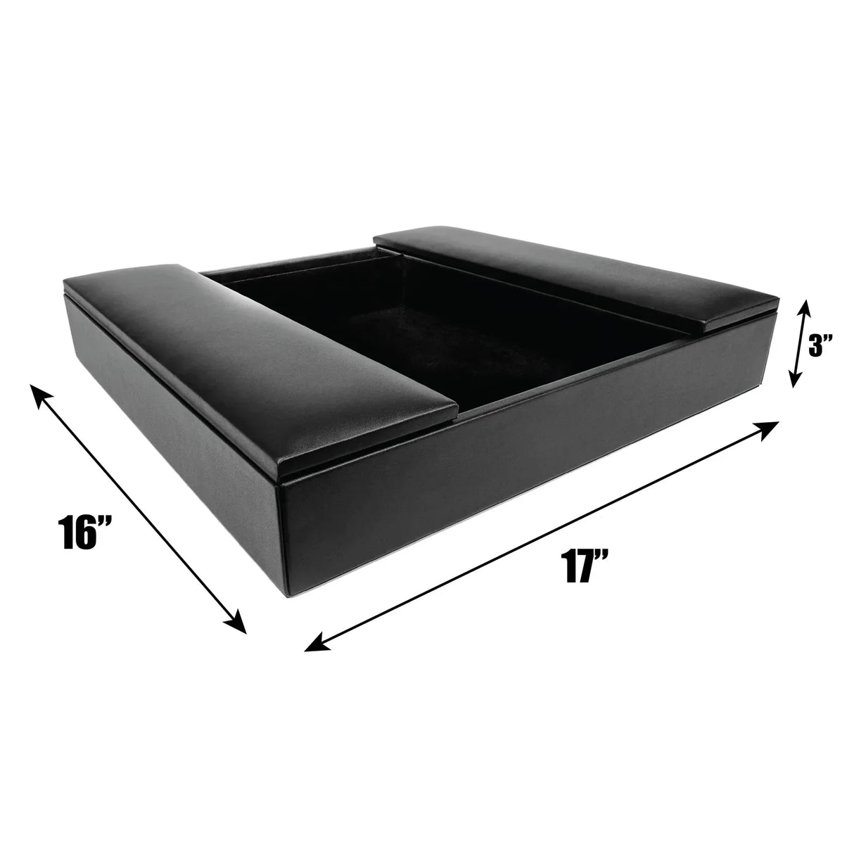 Black leather conference room organizer with open center, measuring 16 by 17 by 3 inches.
