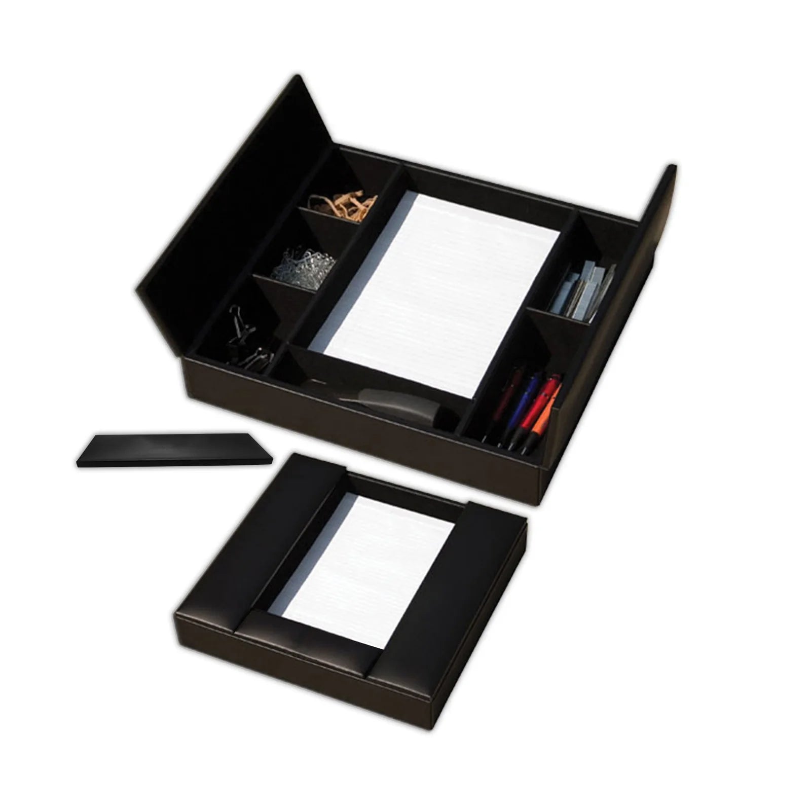Black leather conference room organizer with compartments for pens, paper, and office supplies