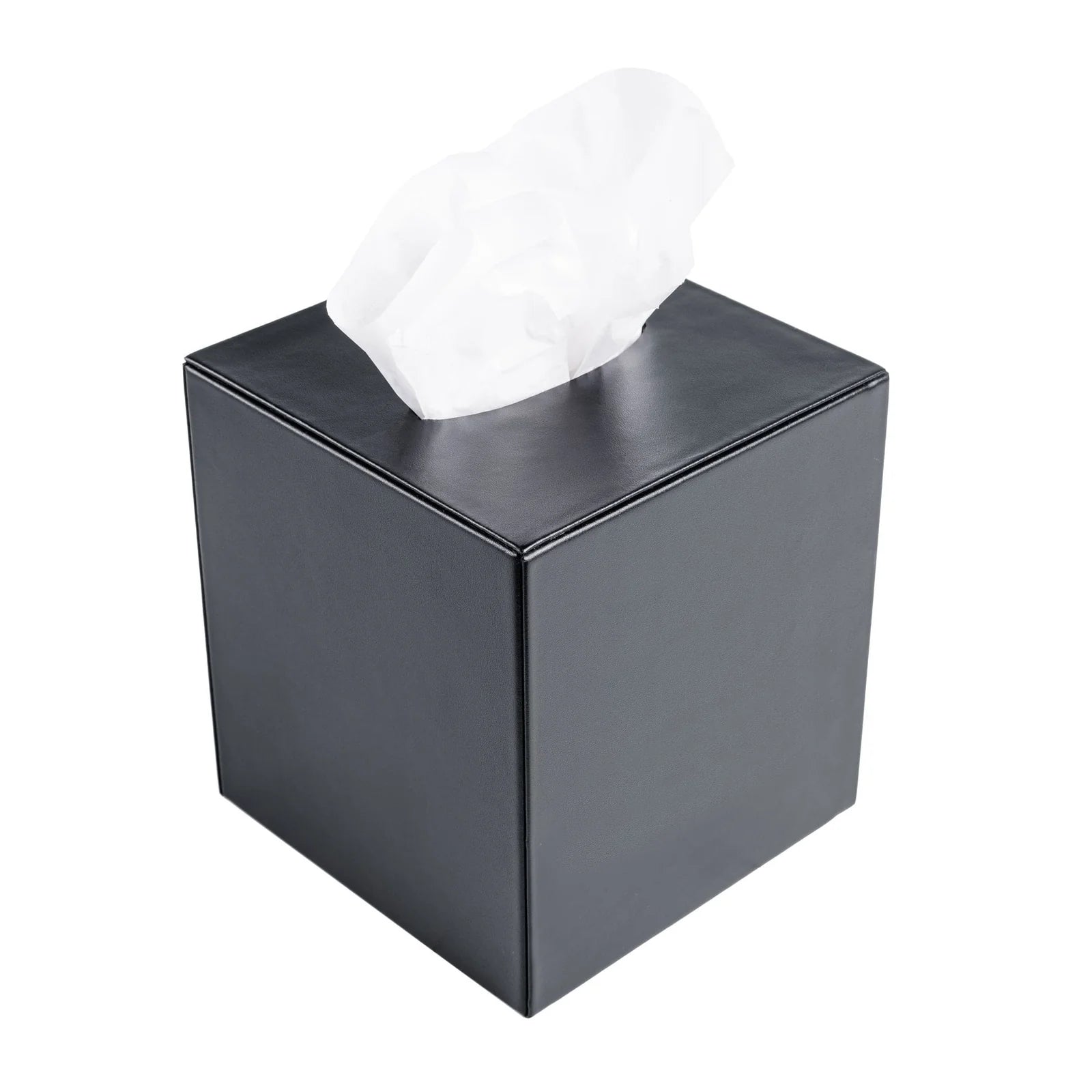 Black leather tissue box cover with tissue, modern office desk accessory