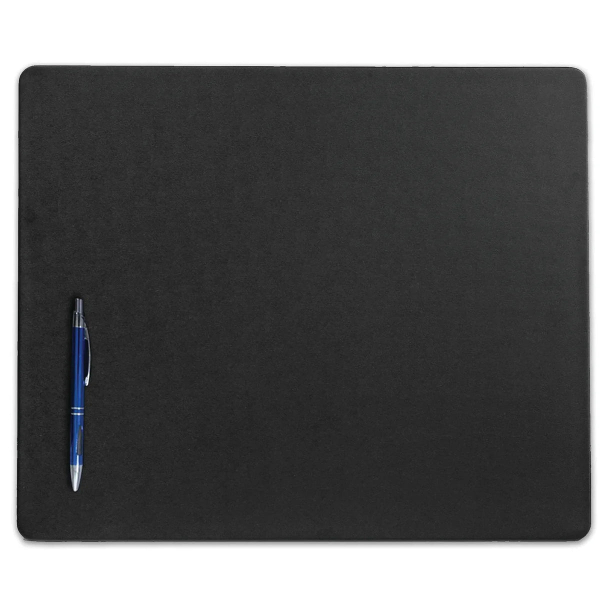 Black leatherette conference table pad with rounded corners and a blue pen on top