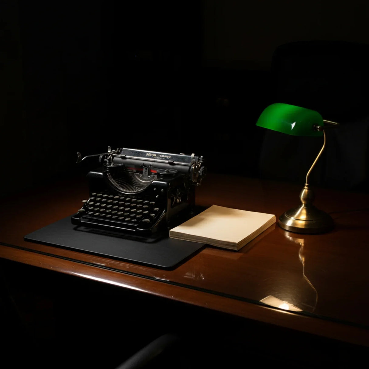 Black leatherette conference table pad on desk with vintage typewriter, notepad, and green lamp