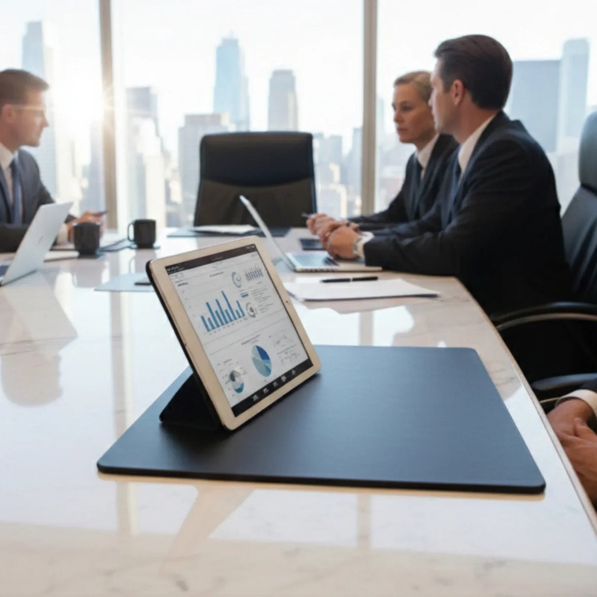 Black leatherette conference table pad on a boardroom table with business meeting in background