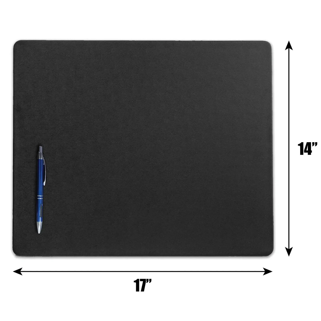 Black leatherette conference table pad 17x14 inches with pen for scale, clean workspace accessory
