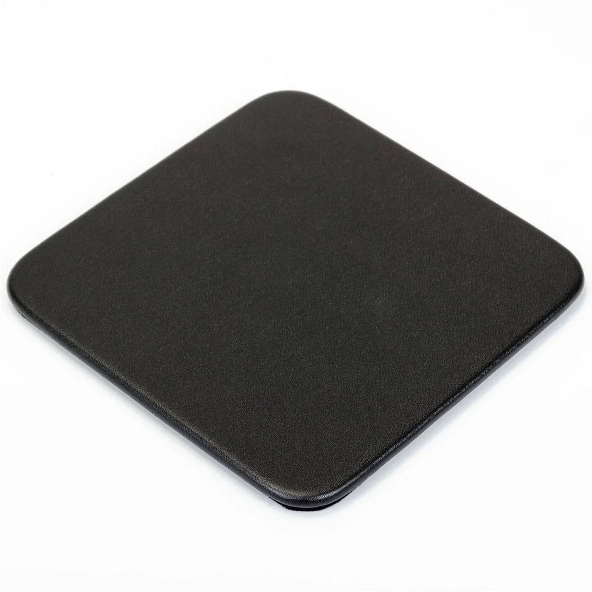Black leatherette square coaster with rounded edges on white background