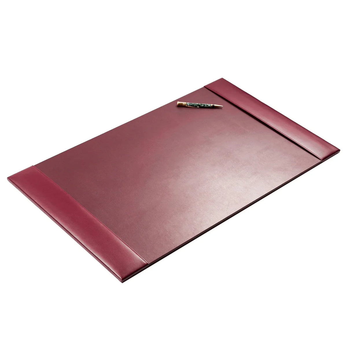 Burgundy bonded leather desk pad with decorative pen on white background