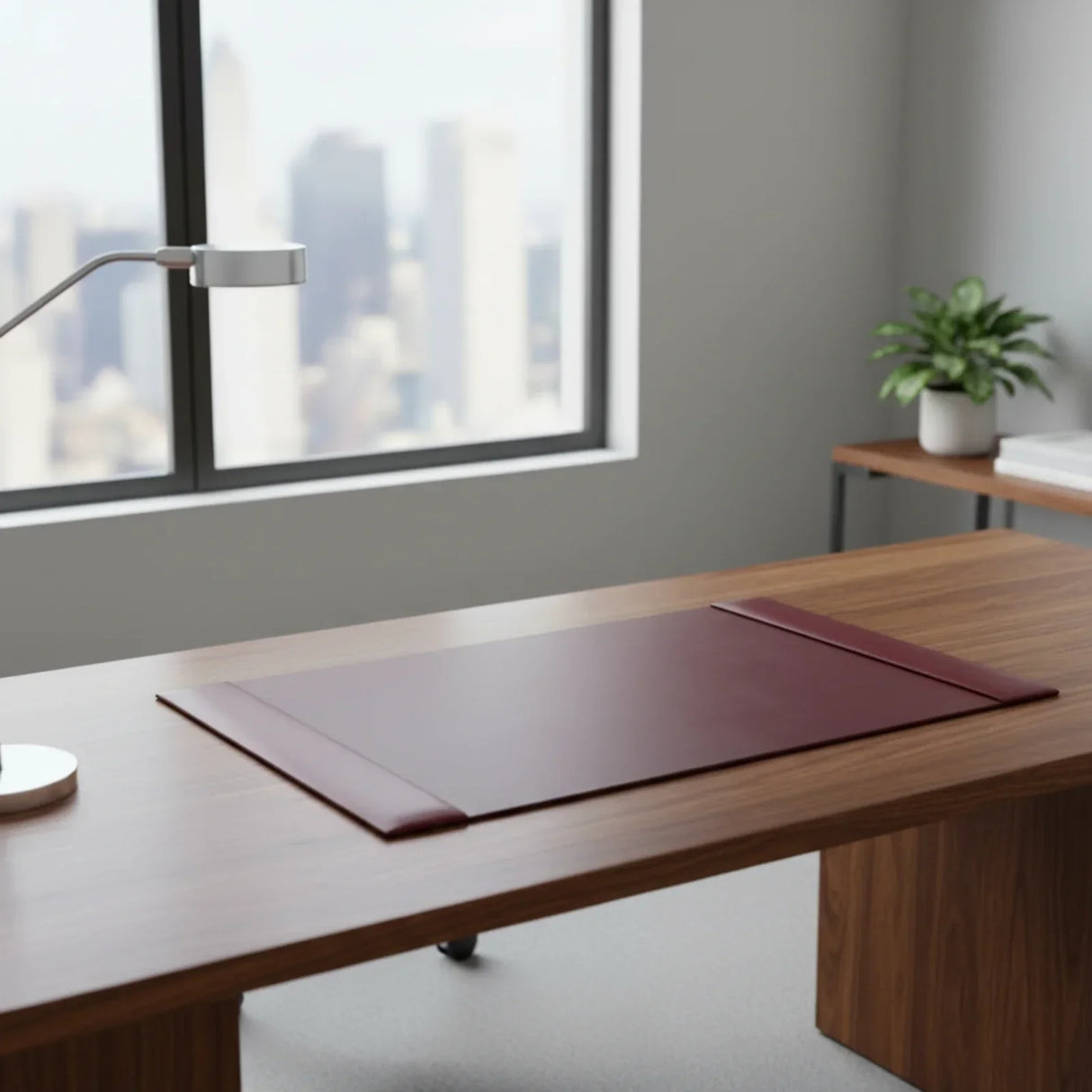 Burgundy leather desk pad on modern wood office desk with city view window