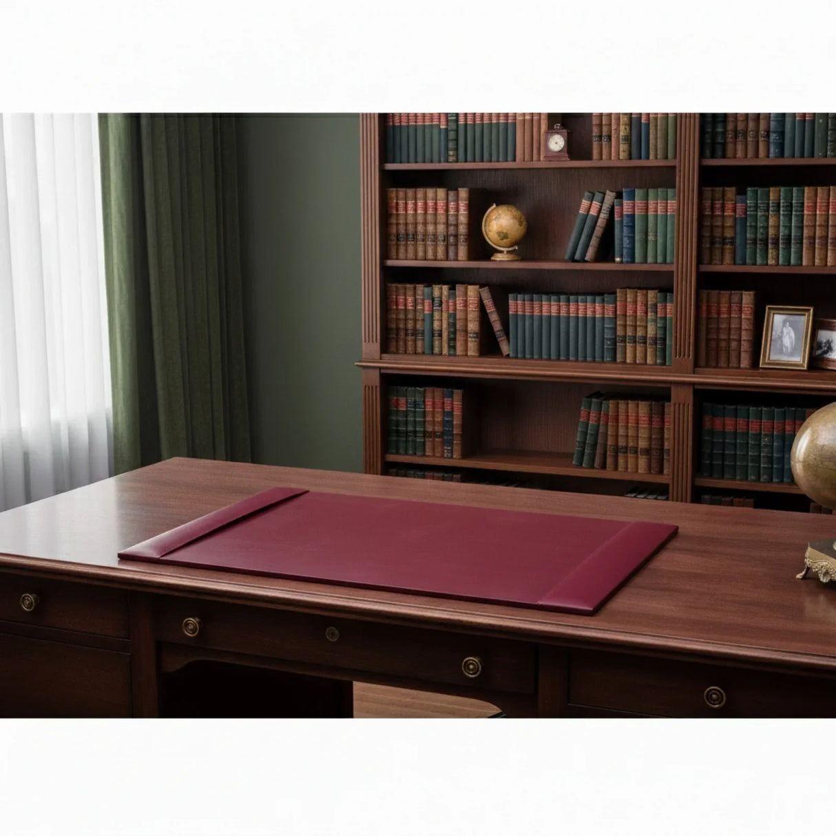 Burgundy leather desk pad on wood office desk in classic library setting with bookshelves
