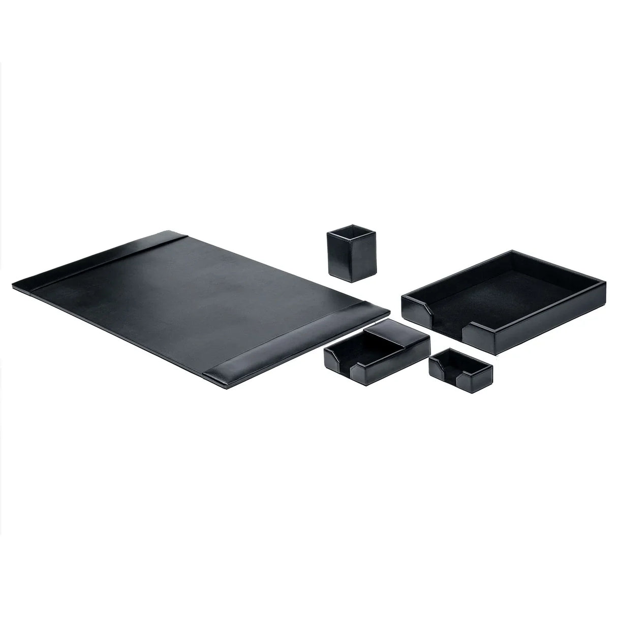 Black bonded leather 5-piece desk set with desk pad, letter tray, pen holder, and organizers
