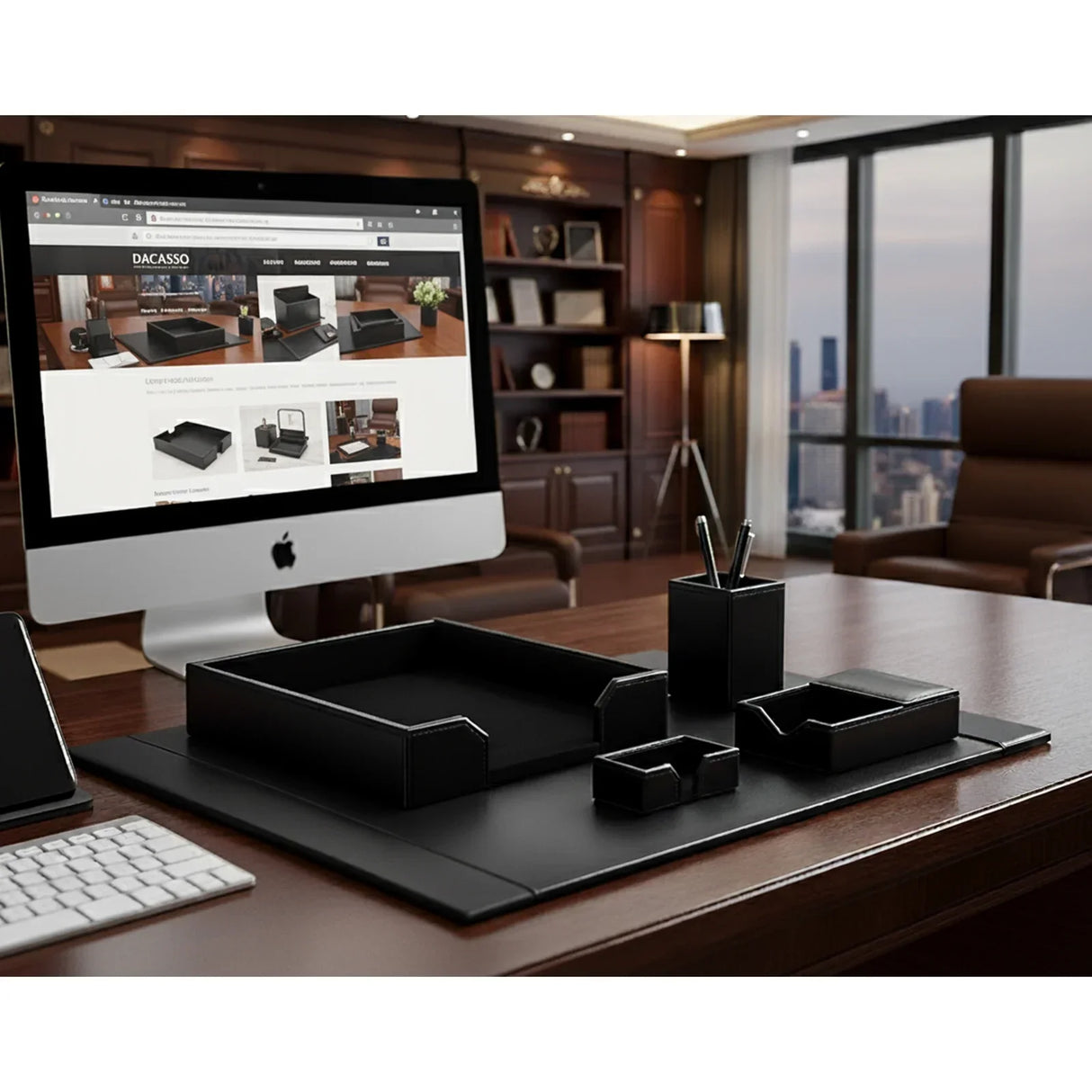Black leather 5-piece desk organizer set on modern office desk with computer and city view.