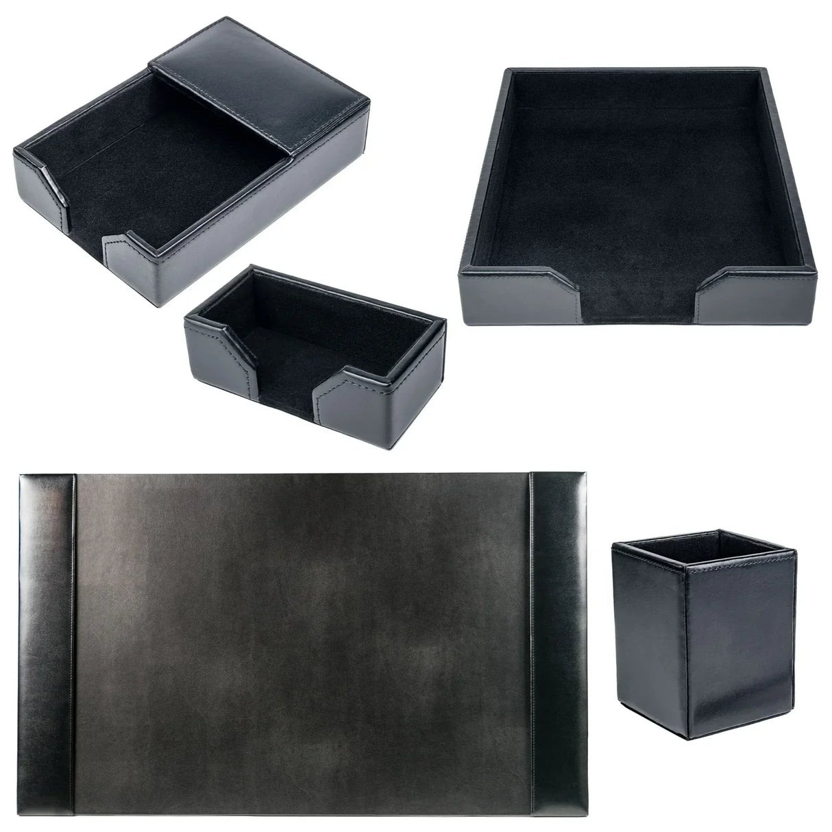 Black bonded leather 5-piece desk organizer set with tray, pad, and accessory holders