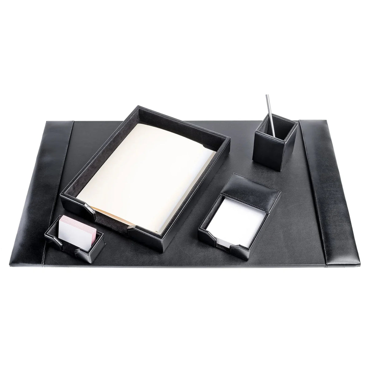 Black bonded leather 5-piece desk organizer set with tray, pen holder, and pad on desk mat