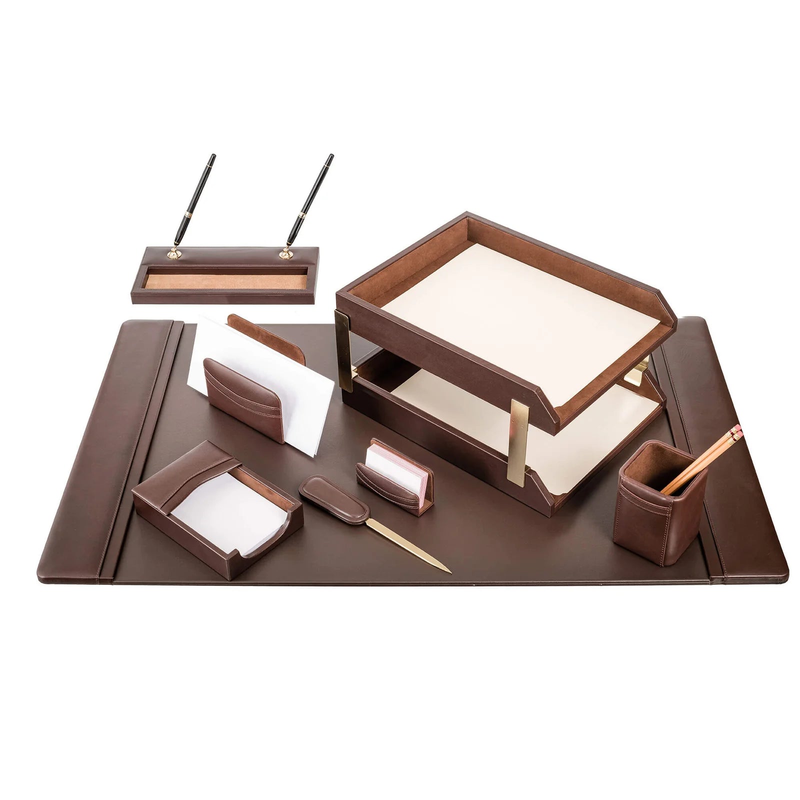 10-piece chocolate brown leather desk set with organizer trays, pen holder, and accessories