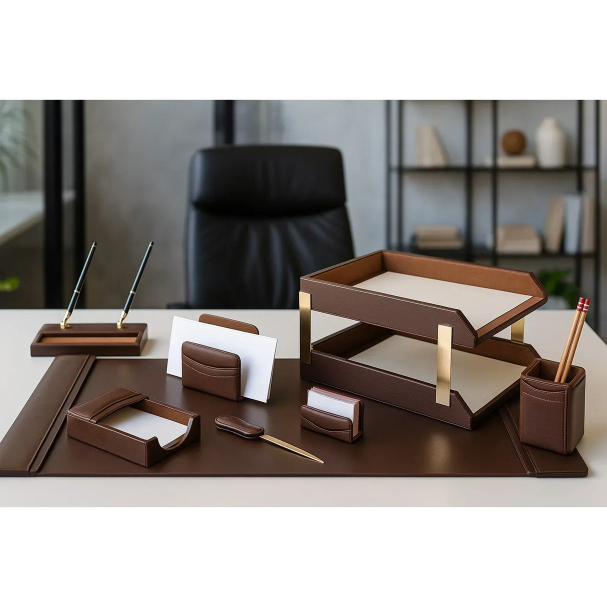 Chocolate brown leather 10-piece desk set with trays, pen holder, and organizers on office desk