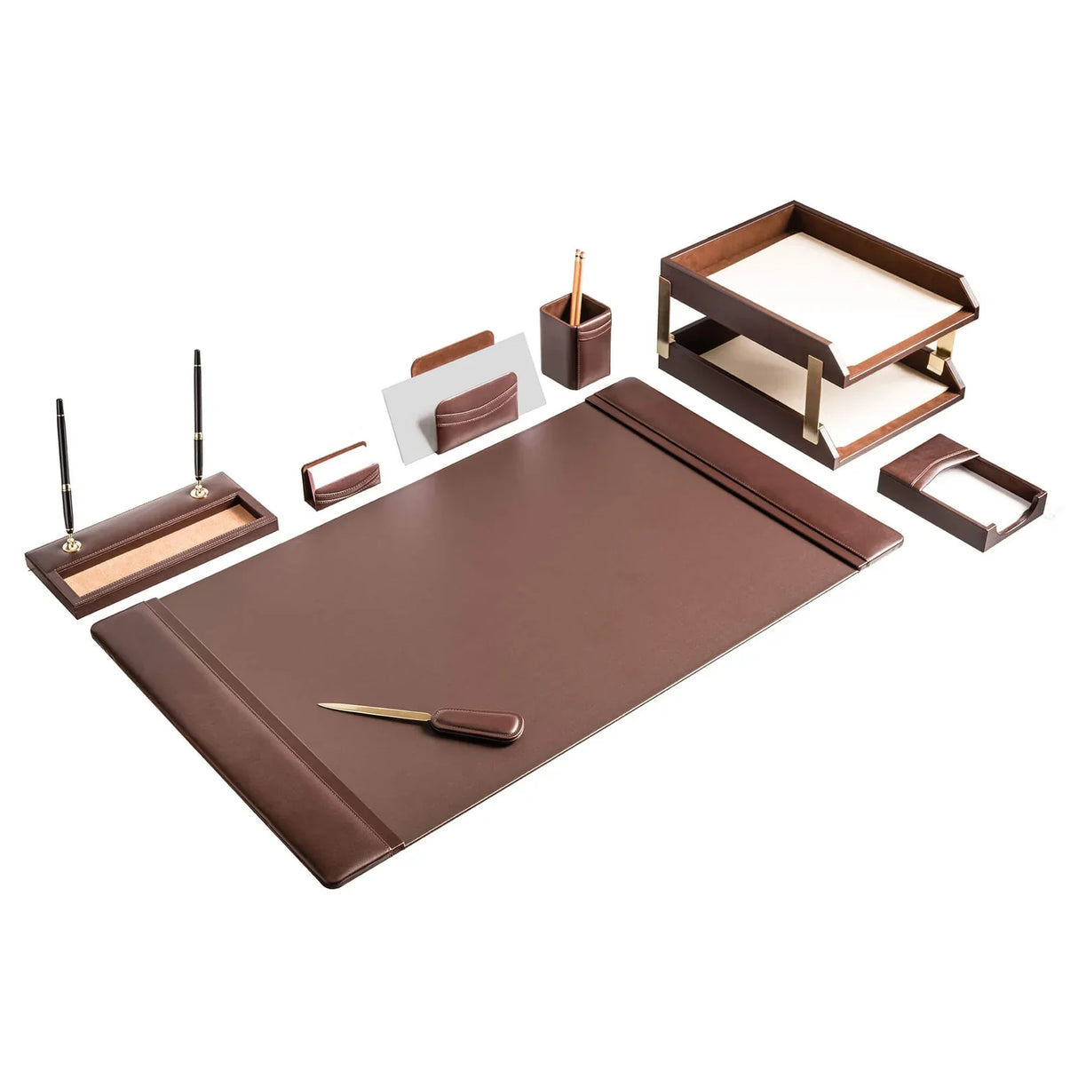 Chocolate brown leather 10-piece desk set with organizer, pen holder, and letter tray on white background