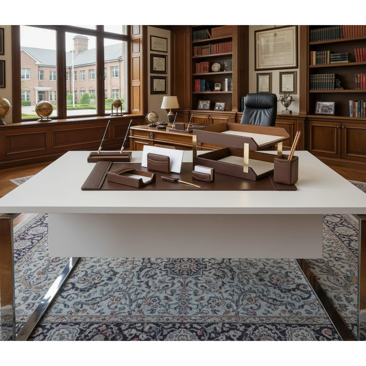 Chocolate brown leather 10-piece desk set on modern office desk with bookshelves and window view.