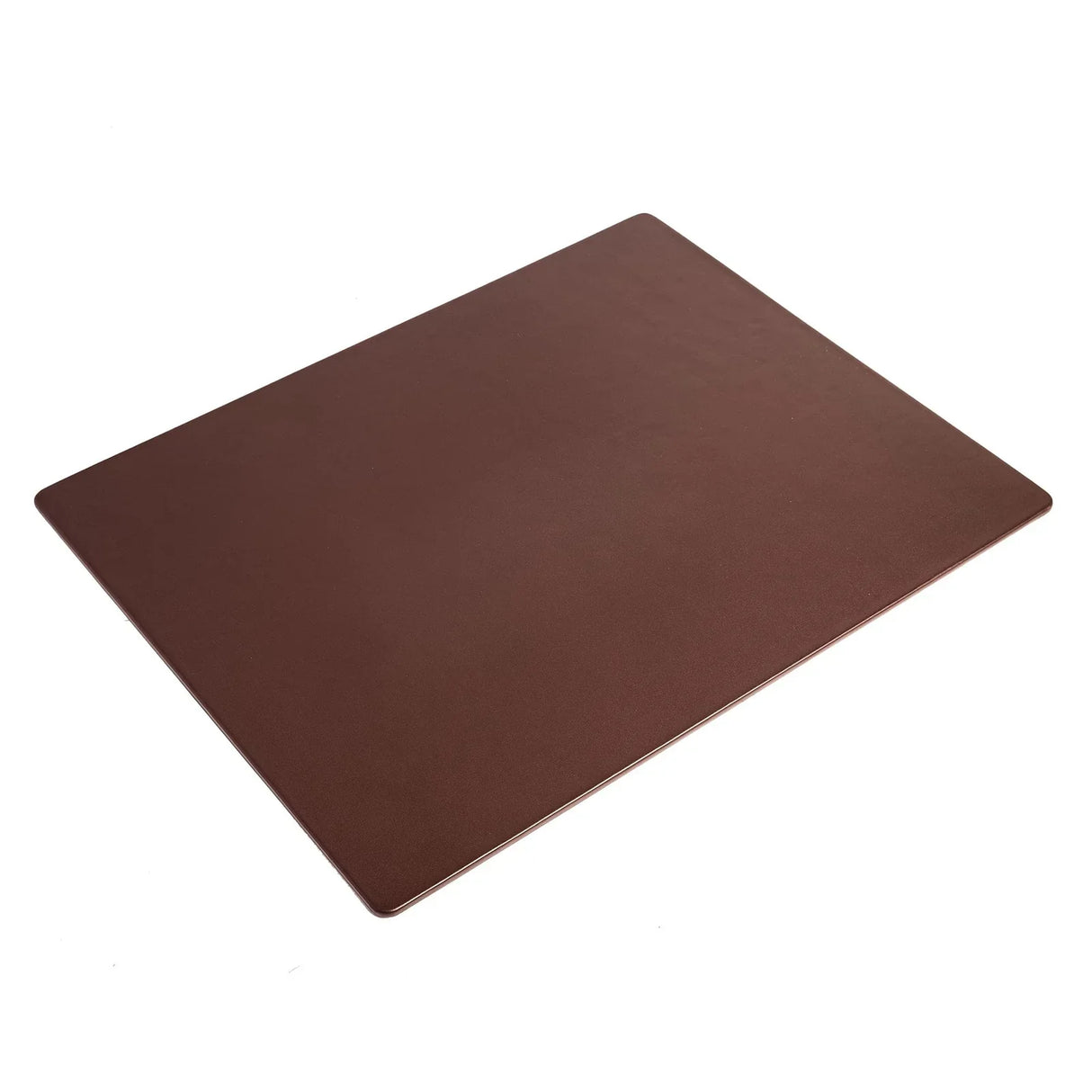 Chocolate brown leather desk mat on white background, rectangular office accessory