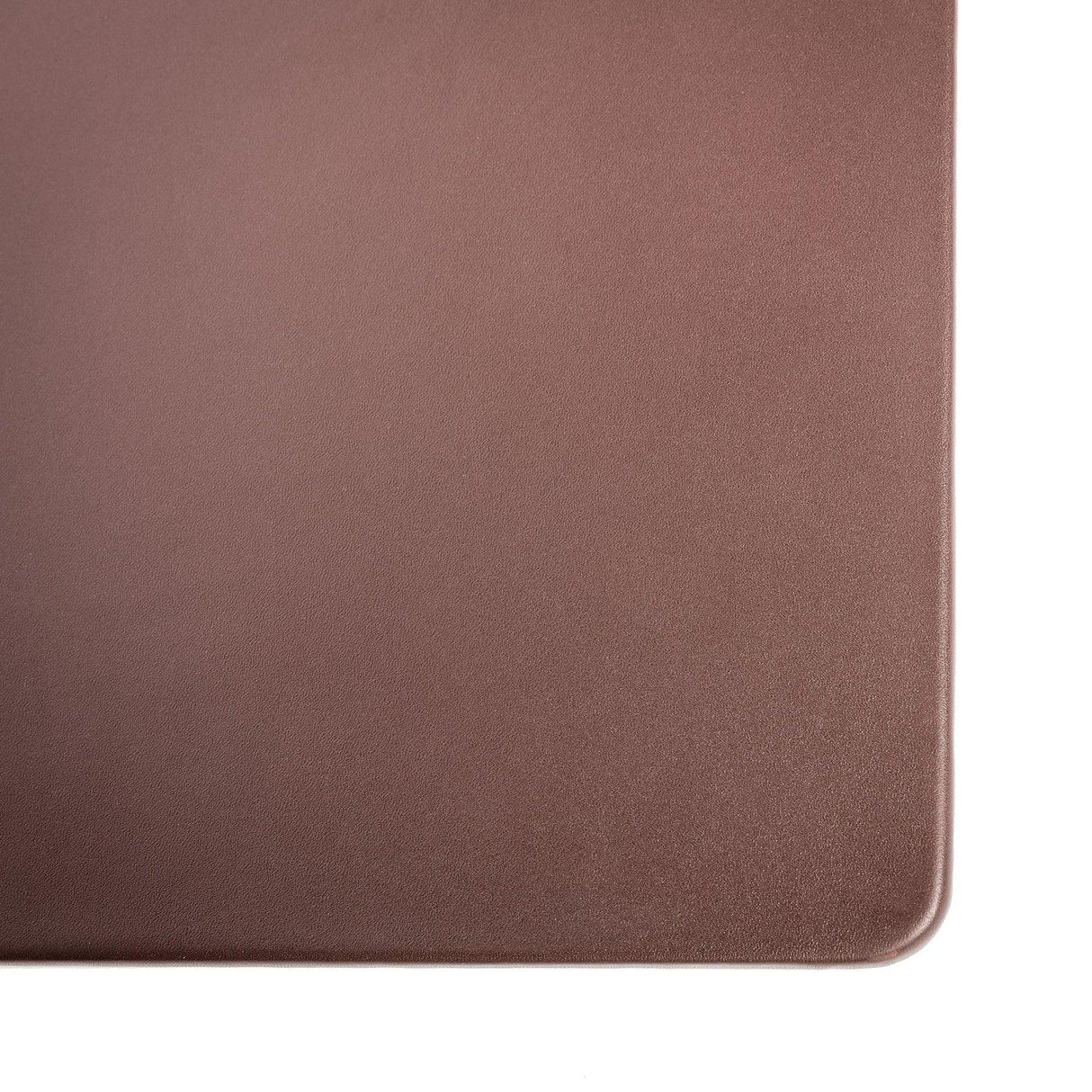 Chocolate brown leather desk mat with smooth texture and rounded corner on white background