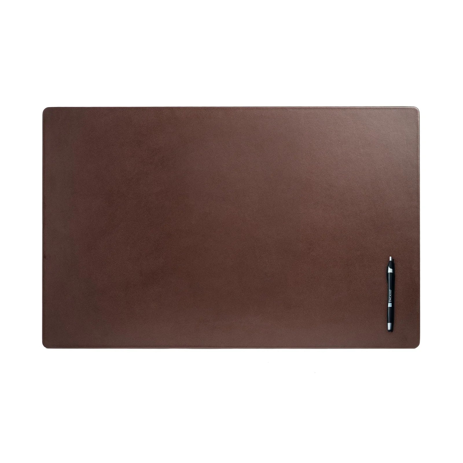 Chocolate brown leather desk mat with pen on white background, 30 x 19 inch workspace accessory