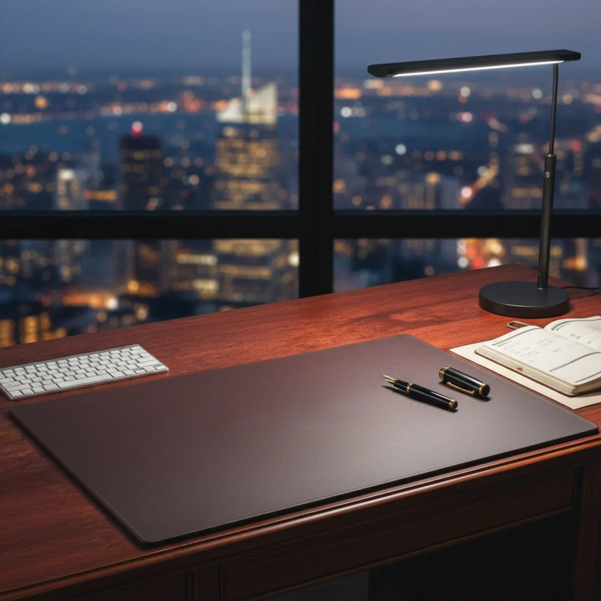 Chocolate brown leather desk mat on executive desk with keyboard, lamp, and notebook