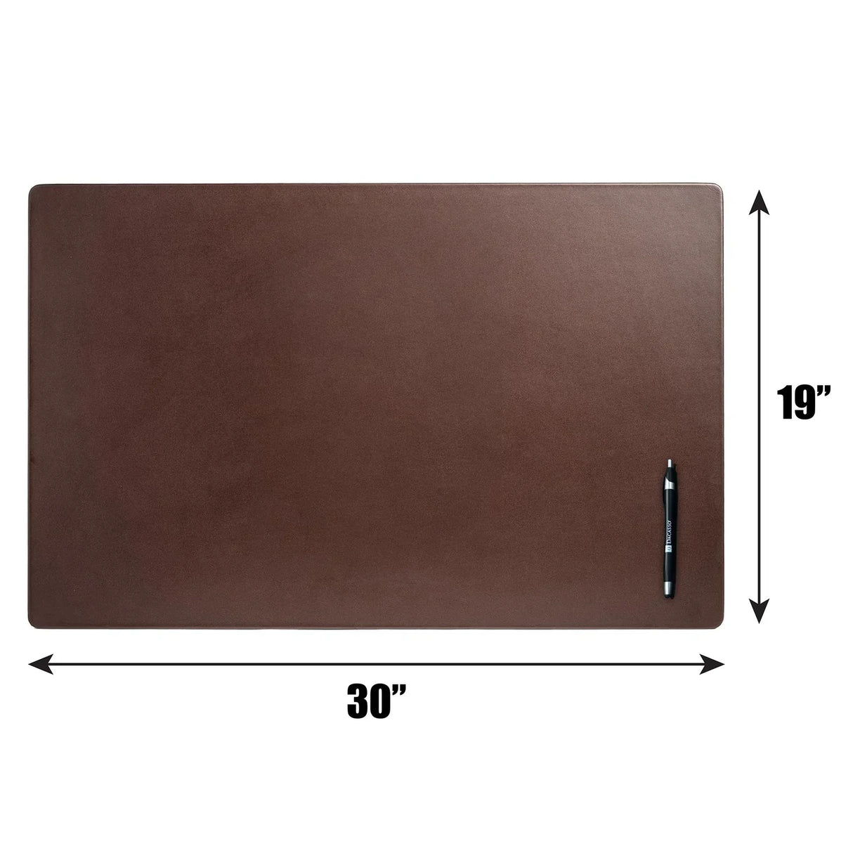 Chocolate brown leather desk mat 30 x 19 inches with pen on flat surface