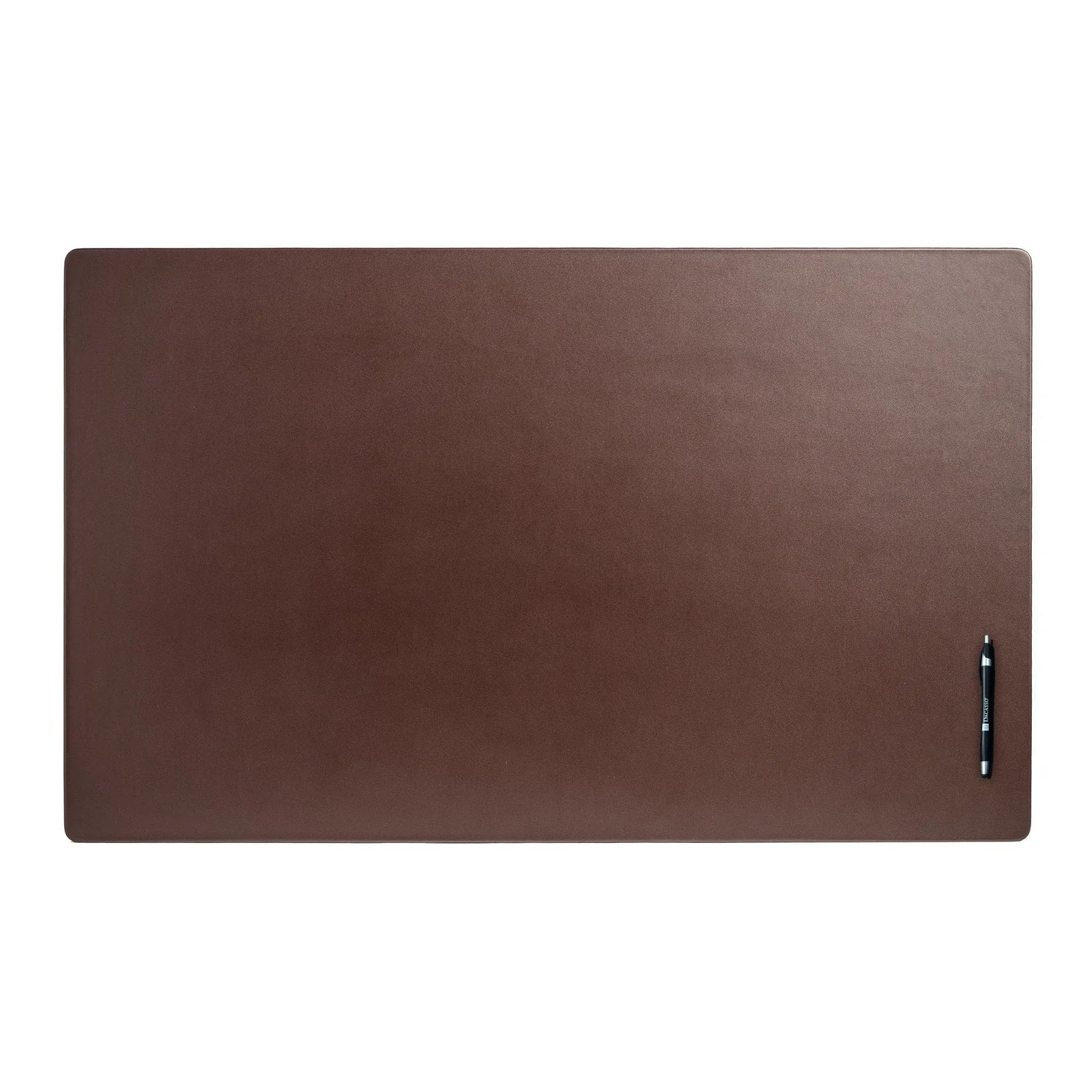 Chocolate brown leather desk mat, rectangular, with pen for scale on white background